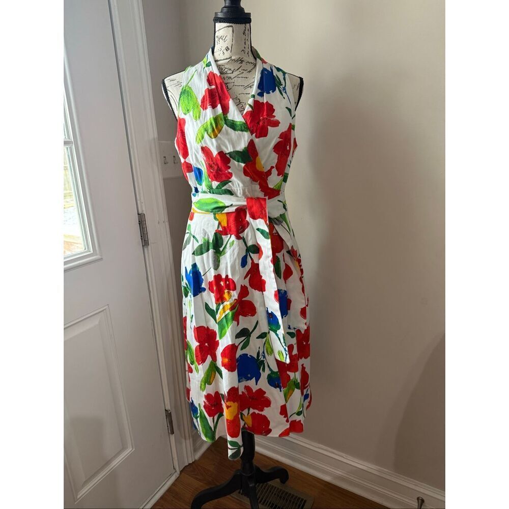 London Times Women's Poppy Floral Halter Wrap Sleeveless Midi Dress White Red 6